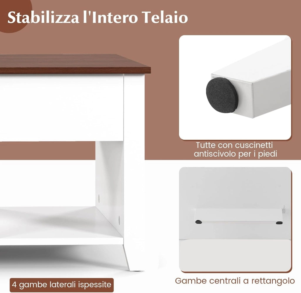 Tavolino da Caffè di Legno con Superficie Sollevabile, Tavolino Rettangolare da Divano con 3 Mensole Aperte, Mobile Multifunzionale per Salone e Ufficio, 104,5 x 49 x 62,5 cm (Bianco)