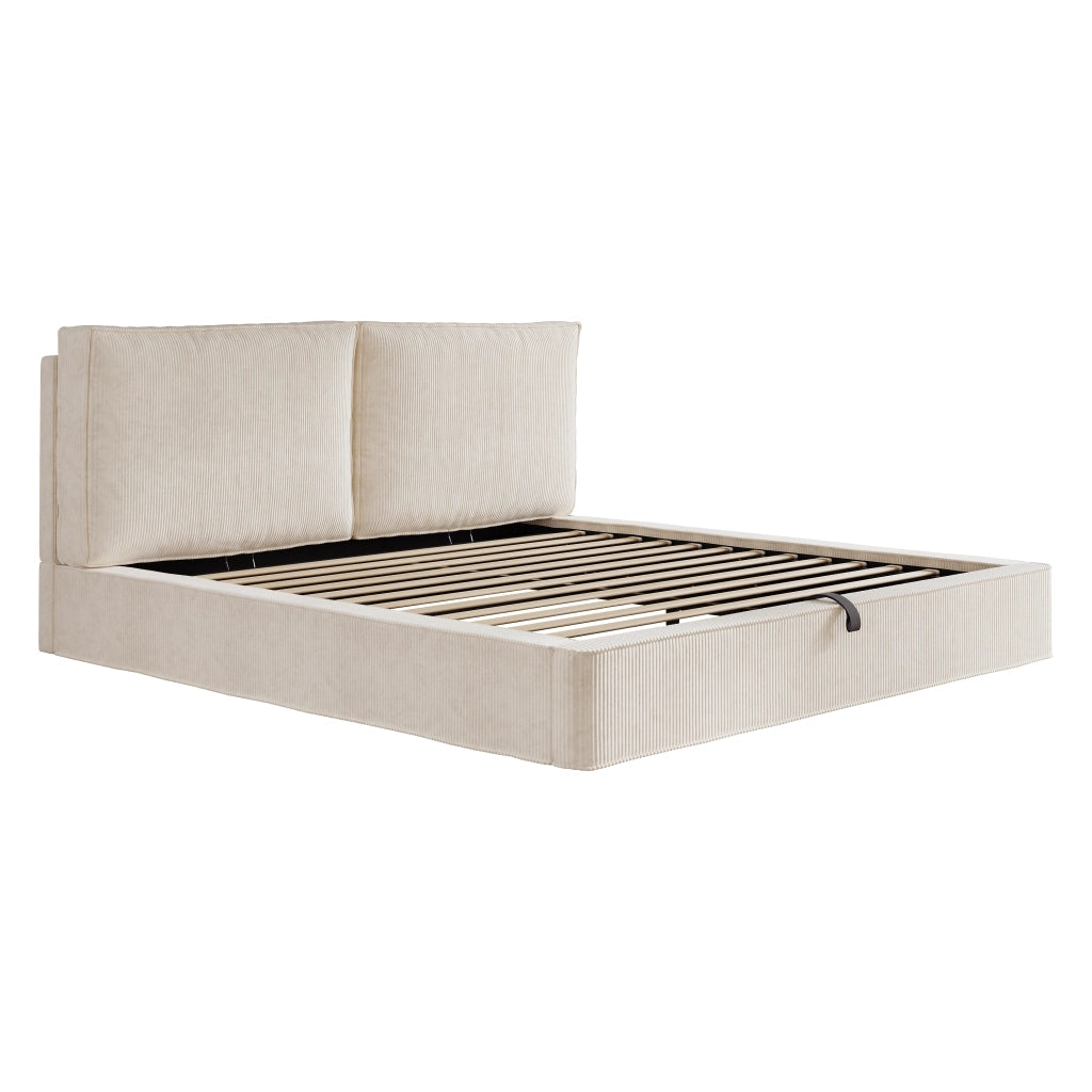 Letti contenitori 180x200 cm con contenitore e testiera imbottita; velluto a coste beige (Senza materasso)