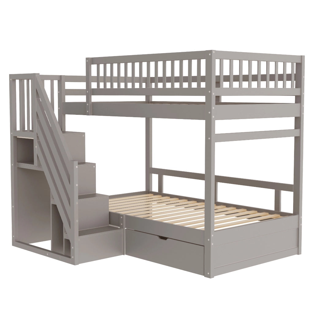 Letto a castello 90x200 cm grigio in legno con scala contenitore