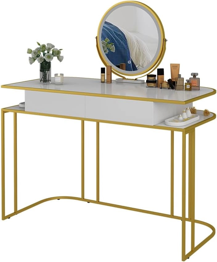 Tavolo da toilette Tiara, Bianco/Oro, 110 cm, con illuminazione LED e specchio regolabile in altezza
