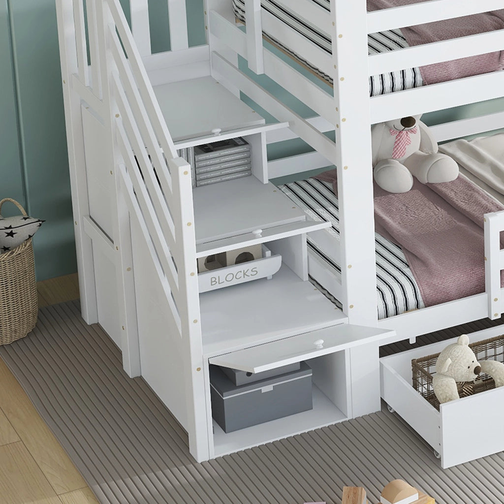 Letto a castello per bambini - Zephmum- 90x200cm- Bianco- Con scala armadio, cassetti e tetto