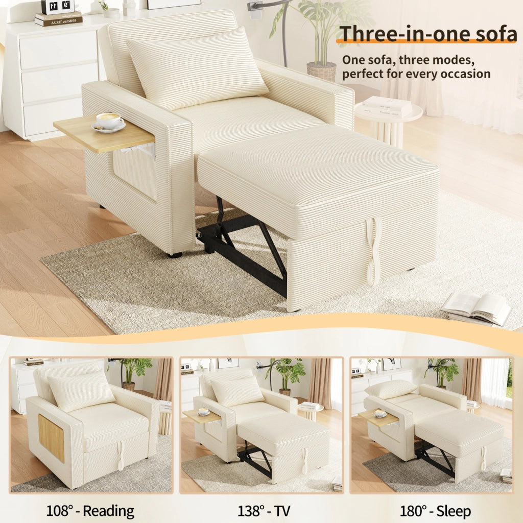 Divano letto 1 posto multifunzione con USB; Type-C e supporto smartphone; velluto a coste beige