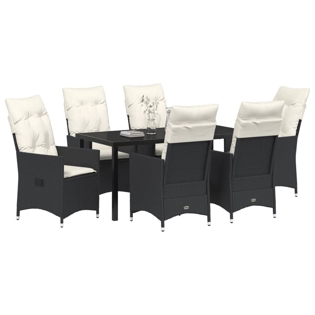 Set da Pranzo da Giardino da 7 Pezzi con Cuscini Nero Rattan Sintetico