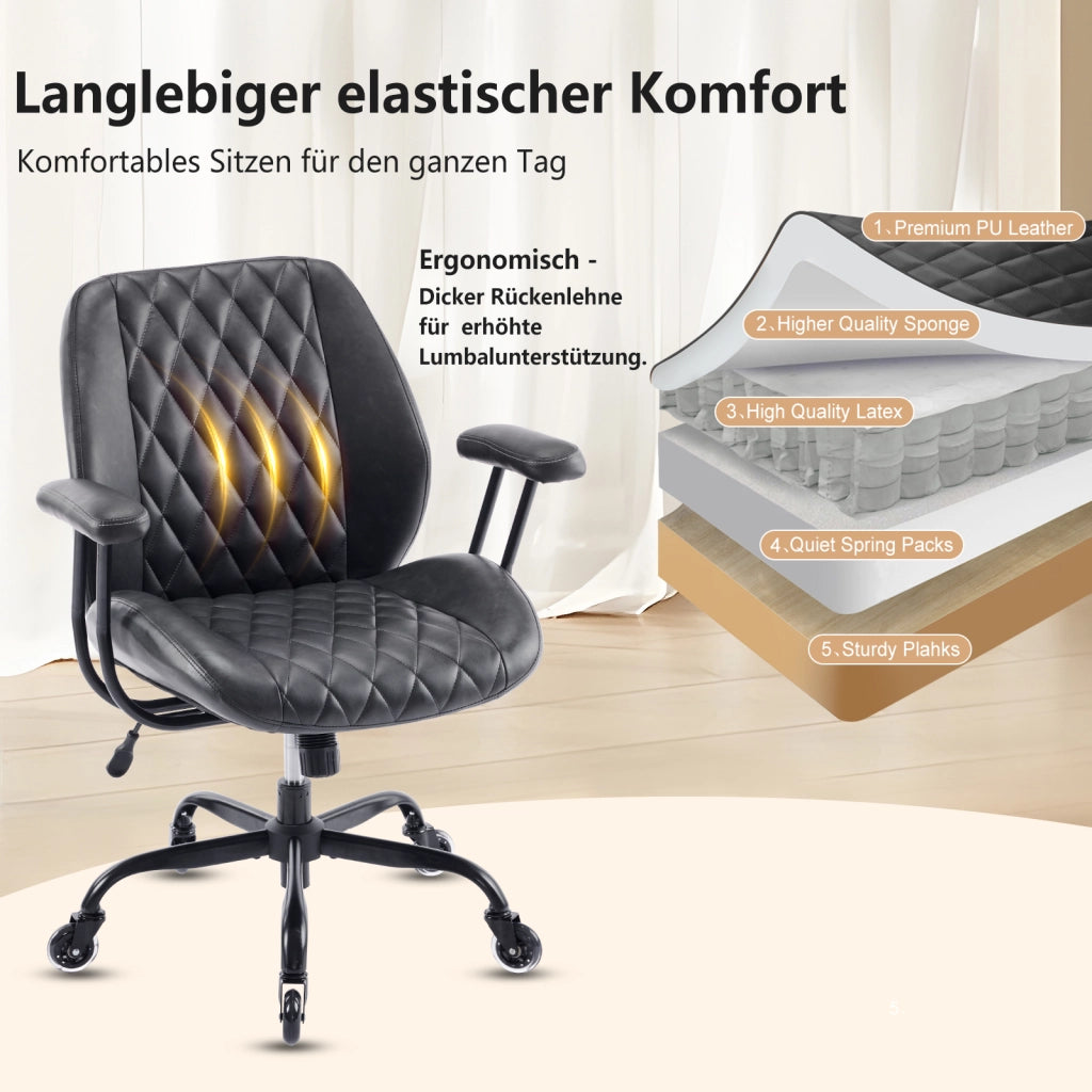 Sedia da ufficio ergonomica nera con supporto lombare, braccioli rimovibili e ruote