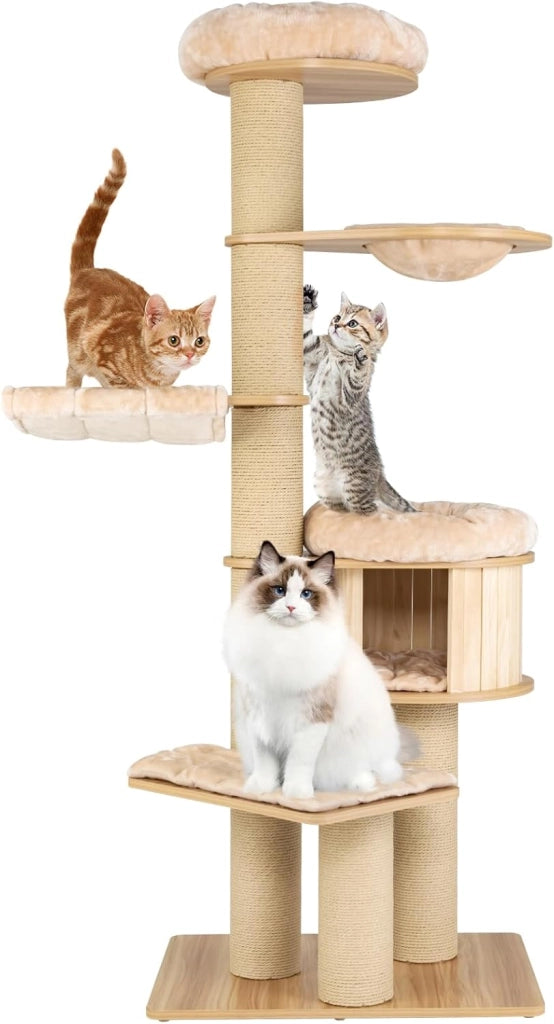 Albero Tiragraffi per Gatti Alto 191 cm, Tiragraffi per Gatti Multistrato con Nicchia in Legno, Trespolo Spazioso, Amaca, Nido, Pali, Tiragraffi e Materassini Lavabili