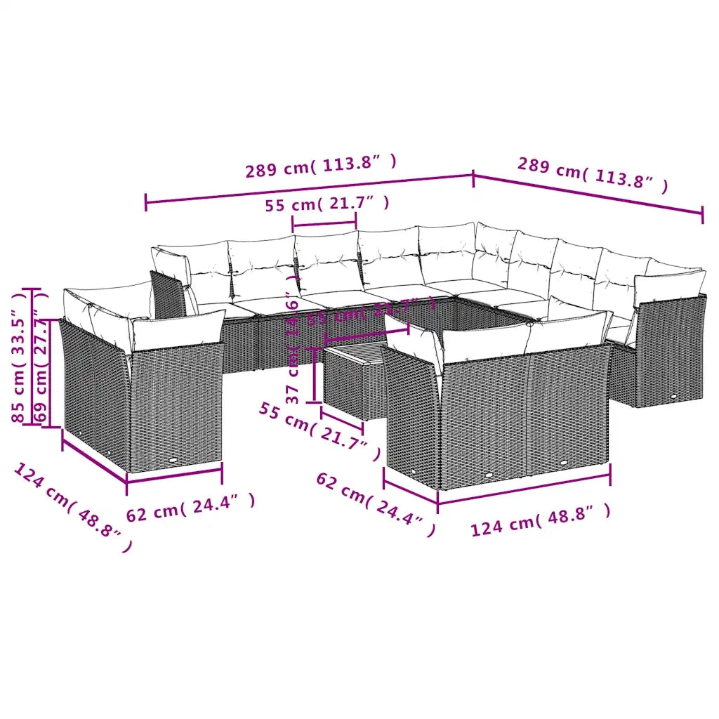 Set Divani da Giardino 14pz con Cuscini in Polyrattan Nero 3256288