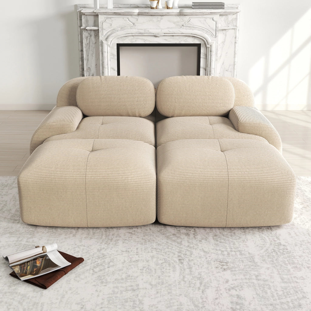 divano angolare modulare senza struttura; schiuma 32D; braccioli curvi; in velluto a coste beige