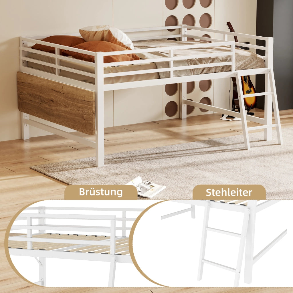 Letto a soppalco 140 × 200 cm con scrivania pieghevole, LED, sponde e scala, senza materasso, bianco