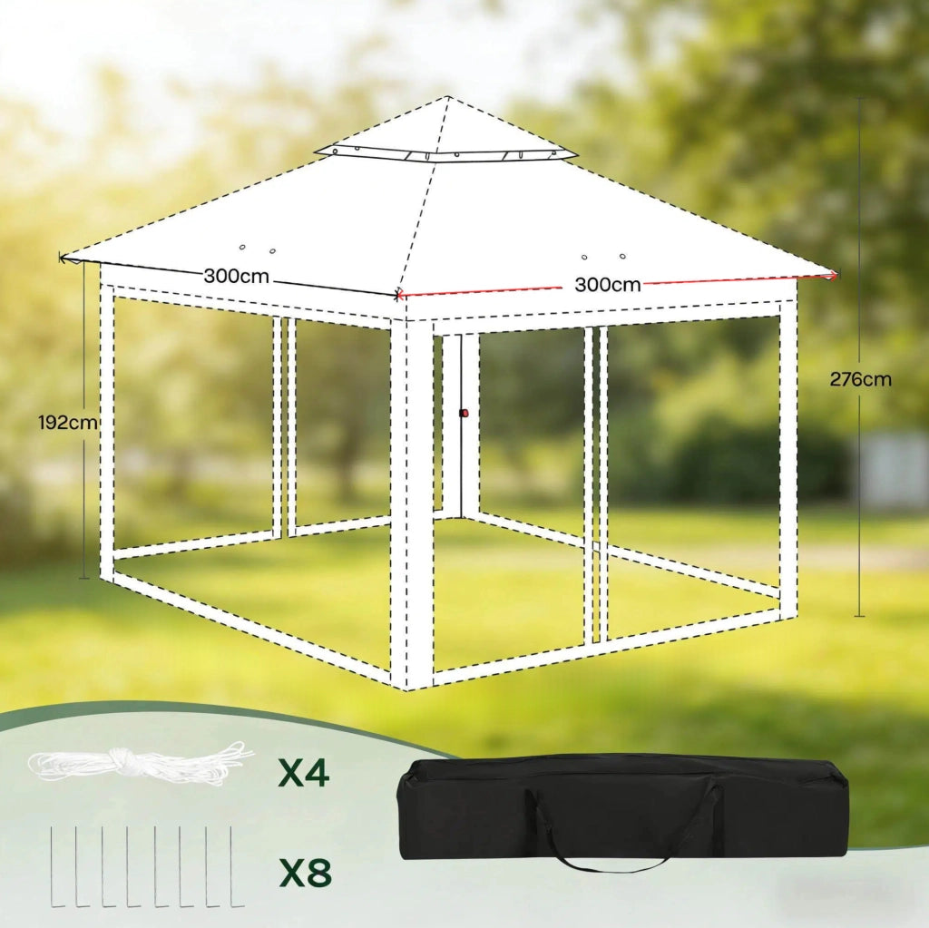 Gazebo pieghevole 3x3 m beige con zanzariere e doppio tetto