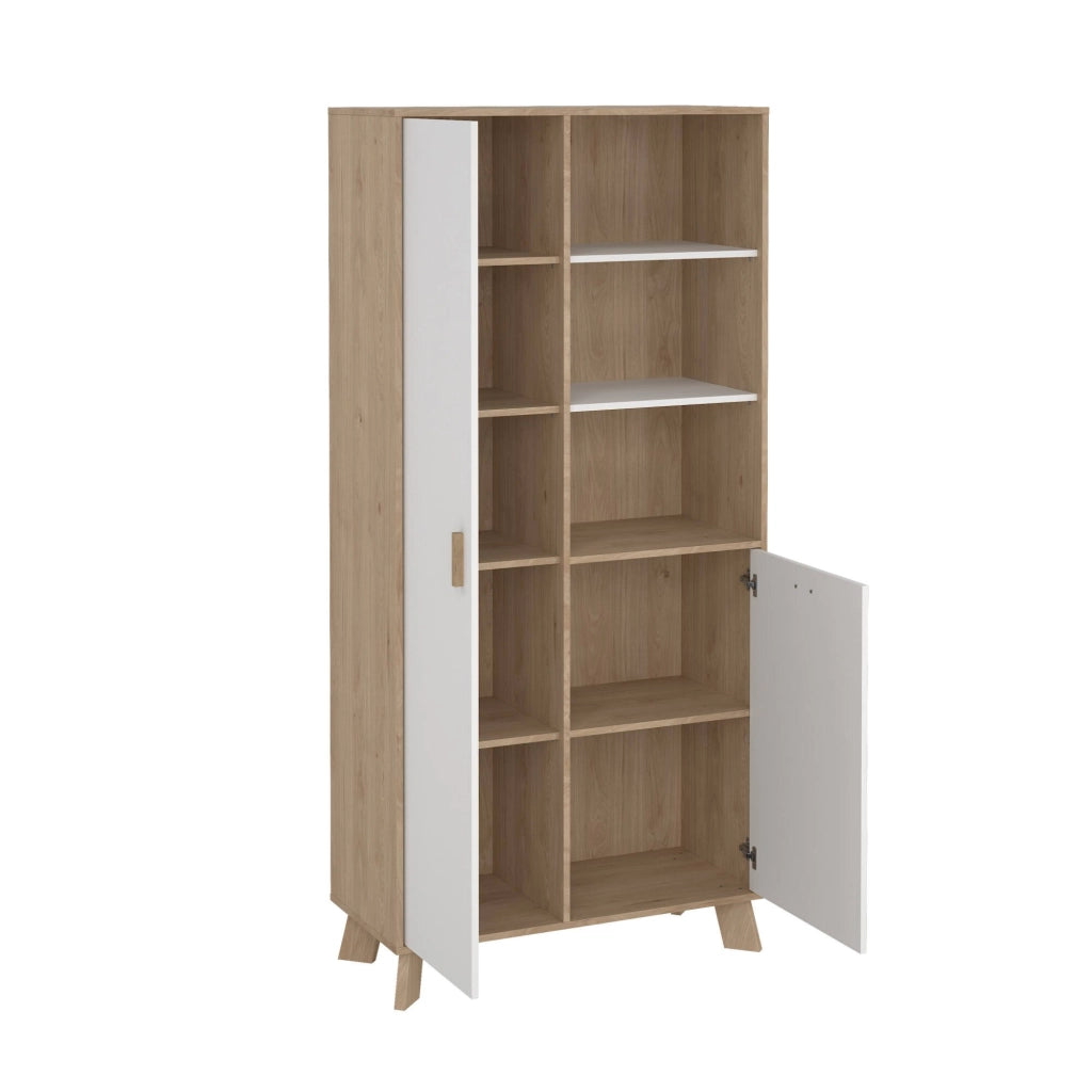 Vetrina Mirinae, Credenza espositiva, Vetrinetta multiuso, Madia da soggiorno, 89x40 h188 cm, Rovere e Bianco