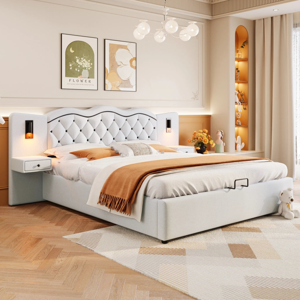 LETTO Imbottito 180x200 cm Beige in lino e MDF con testiera integrata