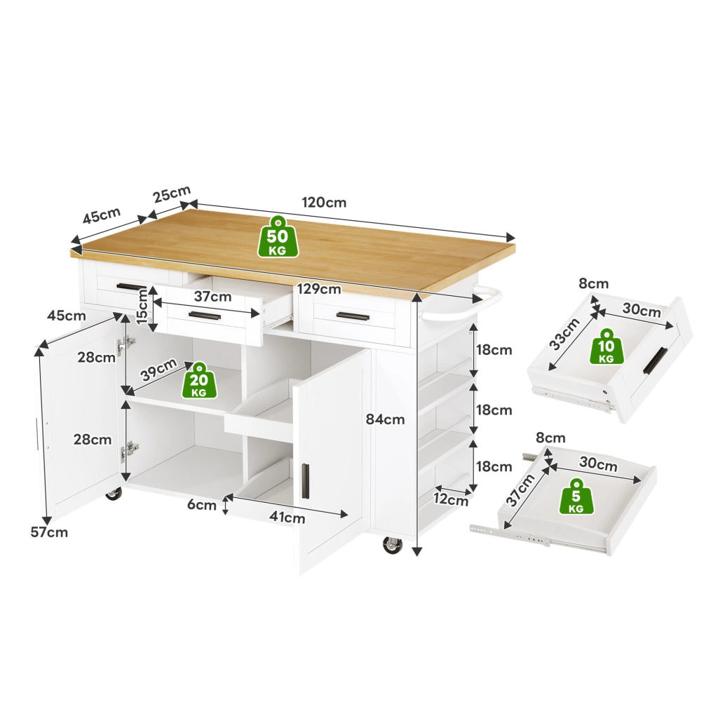 Isola da cucina mobile con piano pieghevole e prese, 120 cm