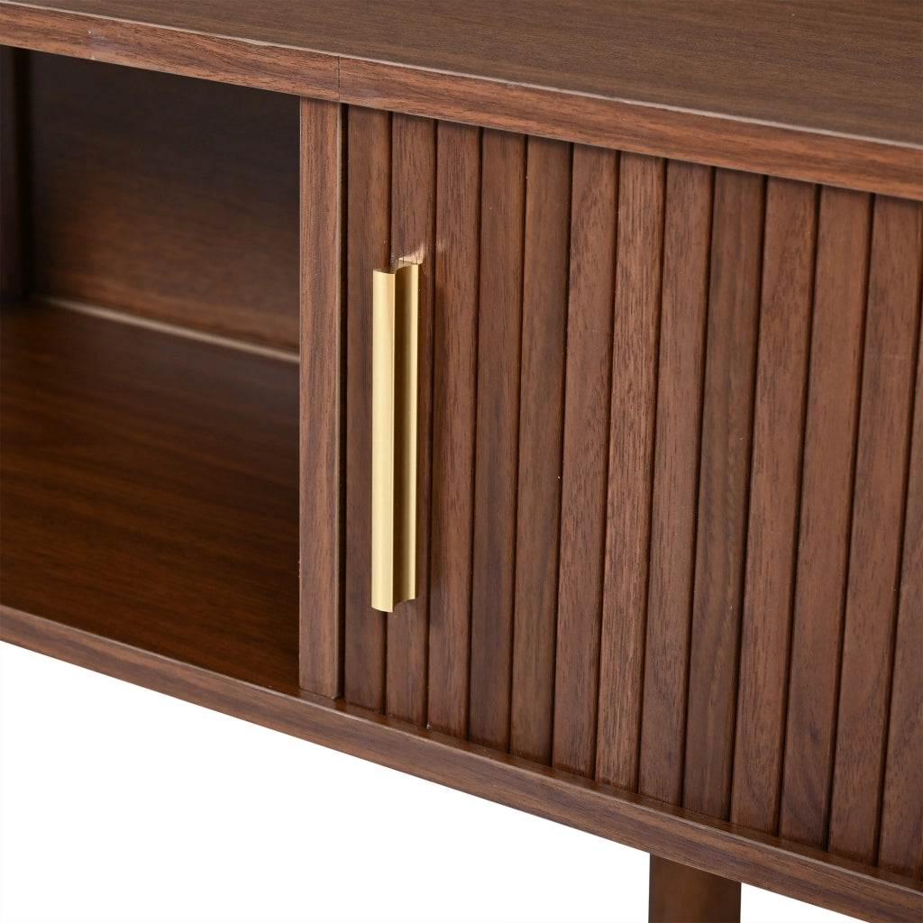 Tavolino, in MDF, con ante scorrevoli e ripiani a vista, 110 x 55 x 45 cm, color noce