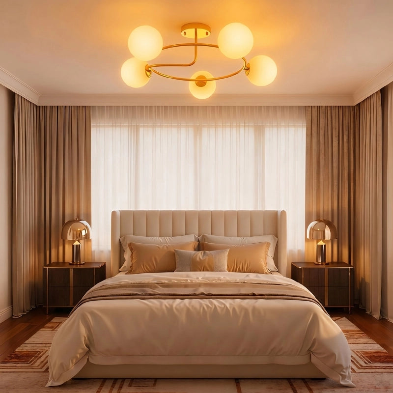 Plafoniera da 20W con 5 portalampade G9, elegante design oro e bianco, lampadine non incluse.
