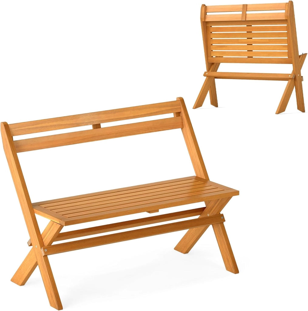 Panchina Pieghevole da Esterno, Panca da Giardino in Legno di Acacia per 2 Persone con Capacità di 360 kg, Panca da Esterno per Veranda, Balcone, Cortile e Parco