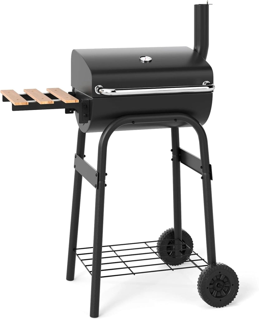 Barbecue a Carbonella con Ruote, Griglia a Carbone da Esterno con Coperchio, Termometro, Tavolo Pieghevole e Manico in Acciaio Inox, Barbecue Portabile per Giardino, Campeggio e Picnic