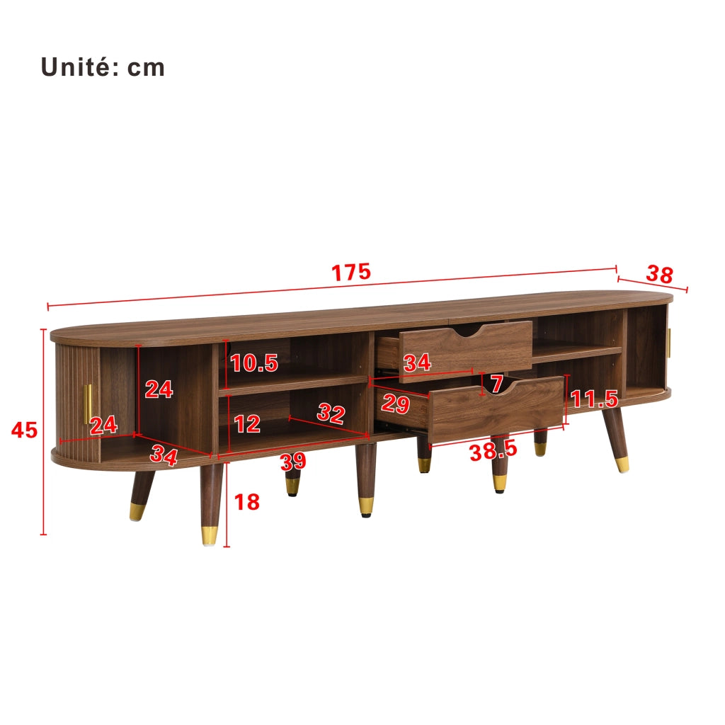 Mobile TV con Anta Scorrevole in Rattan; 2 Cassetti e Vani Aperti; Stile Country; in MDF; 175??38??45 cm; Noce