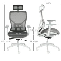 Sedia Ergonomica da Ufficio con Poggiatesta, Inclinazione e Altezza Regolabile, Poltrona Girevole Basculante con Ruote e Schiena in Rete, 67x65x120-128cm, Grigio