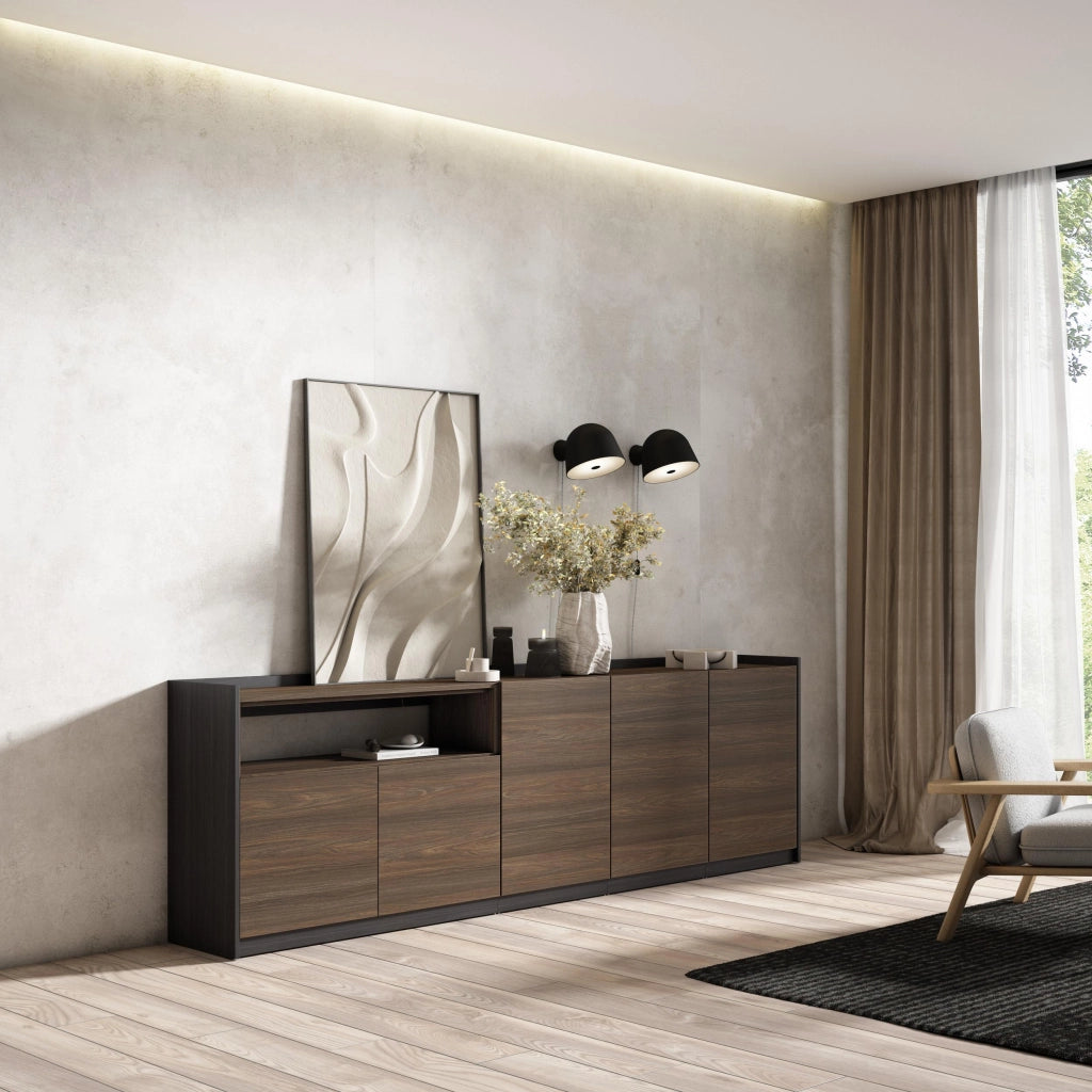 Credenza, Mobile, Cucina, 260x80x37 cm, 5 Porte, grande stoccaggio, Rovere scuro e Nero