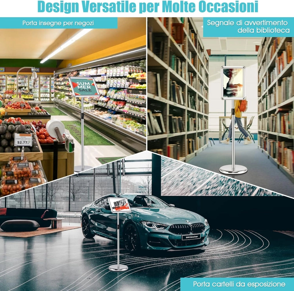 Supporto Poster Menù Stand per Pubblicità da Terra in Metallo, Girevole e Regolabile in Altezza, A4 / A3 (A4 Argento x 2)