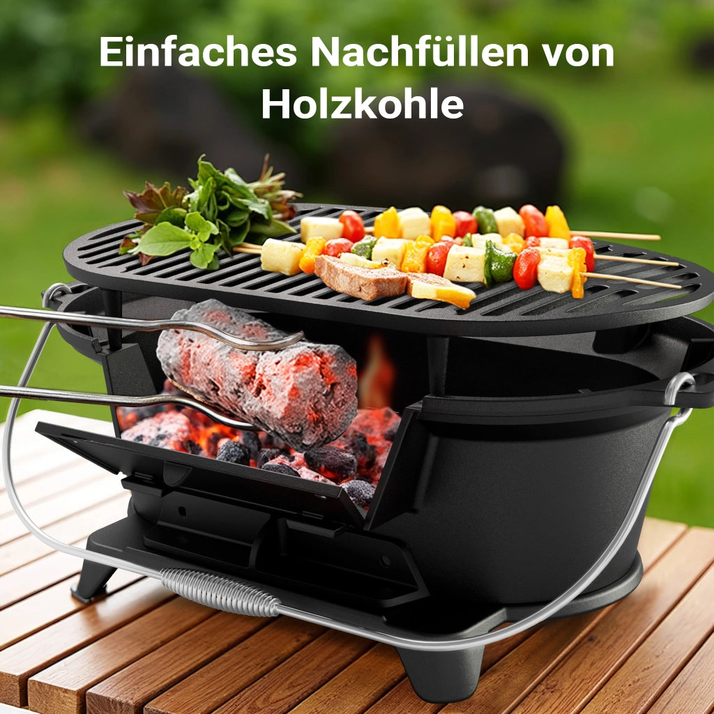 Pentola in ghisa con griglia, barbecue portatile a carbonella con sistema di aspirazione, 50x27x21 cm, griglia da campeggio