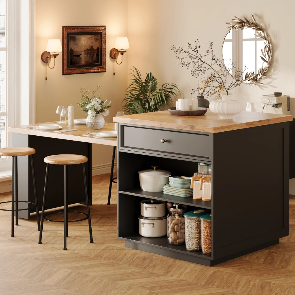 Isola Cucina Allungabile con Cassetti e Ruote ¨C MINIMAL ¨C Piano Effetto Legno, Nero, 120-184 cm