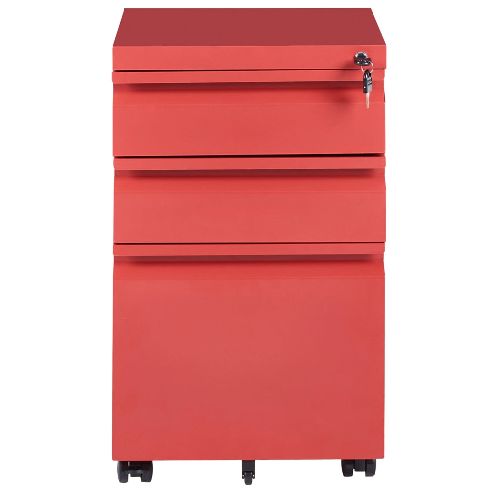 Mobile contenitore in acciaio rosso a 3 cassetti con rotelle in plastica e serratura a chiave per ufficio moderno