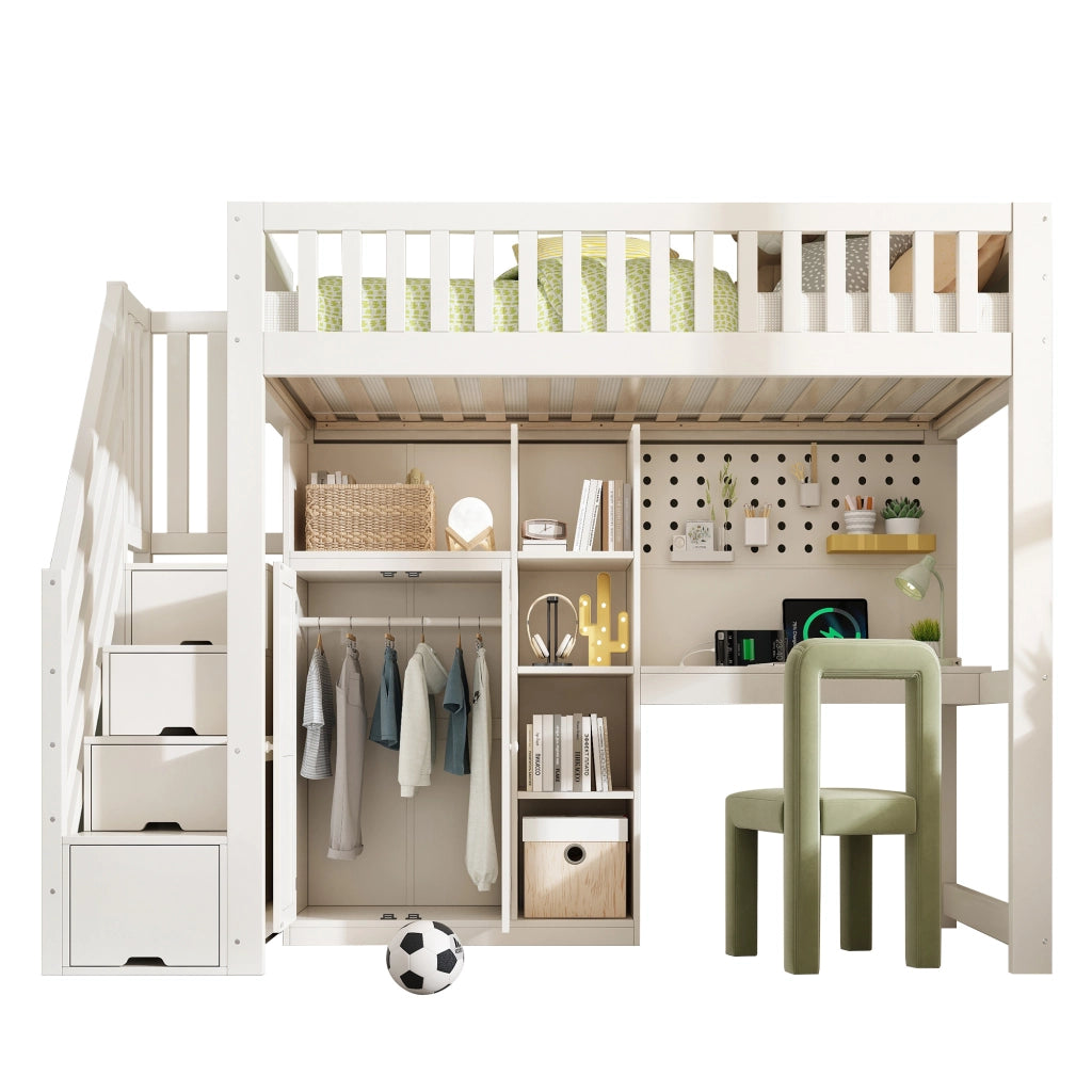 Letto a Soppalco con Scrivania e Armadio ¨C MINIMAL ¨C 90x200, Bianco, Rete a Doghe