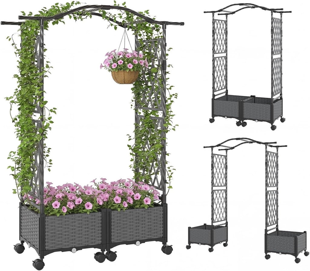 Fioriera Rialzata con Graticcio e Tetto, Irrigazione Automatica e Ruote Bloccatili, Letto da Giardino Rialzato in Rattan Impermeabile per Piante Rampicanti, Fiori ed Erbe (Grigio)