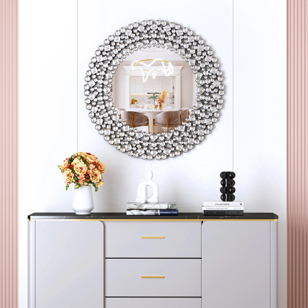 Specchio da parete rotondo ULEVR 86,4 cm con cornice decorativa effetto cristallo, argento