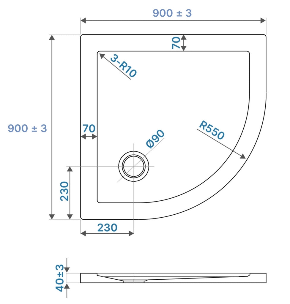 Piatto doccia semicircolare 90x90 cm bianco lucido bordato in acrilico rinforzato | Asteios