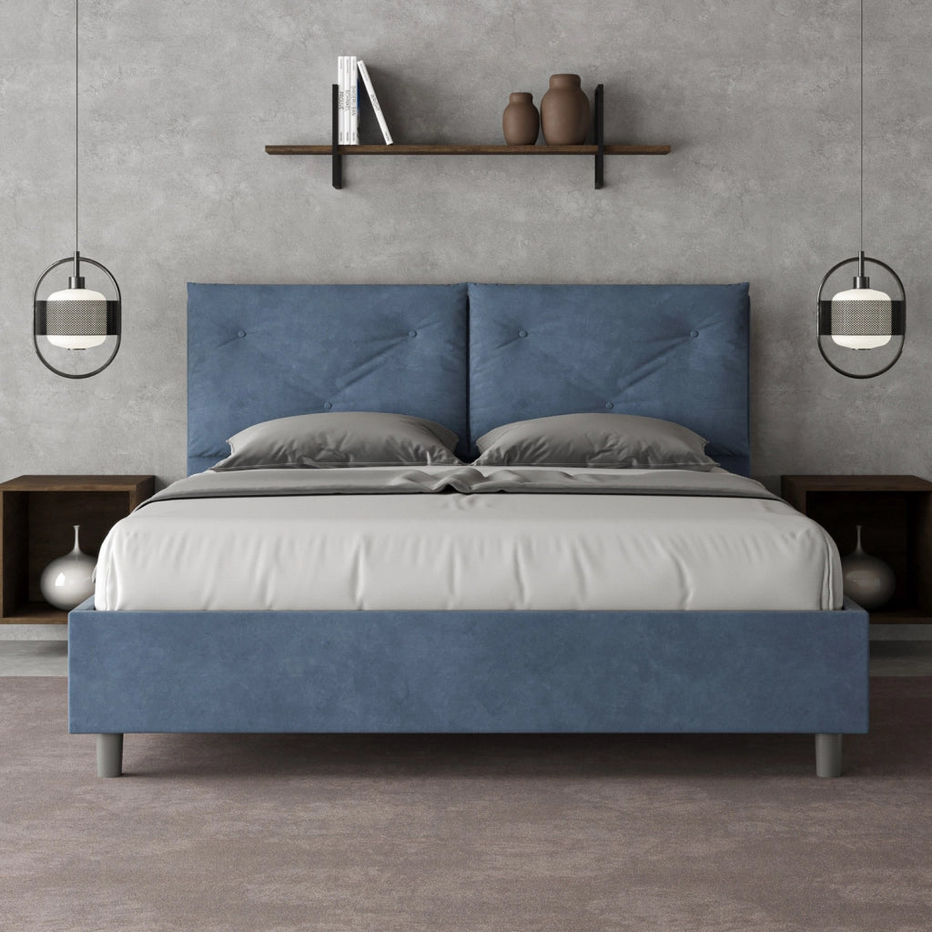 Letto Matrimoniale 160x210 cm con Rete e Contenitore Giroletto con Alzata Comoda Imbottito in Microfibra Appia Blu