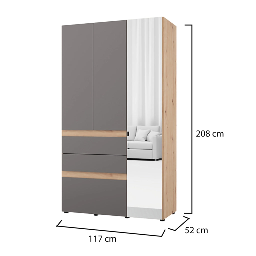 Armadio Camera da Letto Zuccare, Guardaroba 3 Ante Appendiabiti, 117x52 cm Nero Antracite
