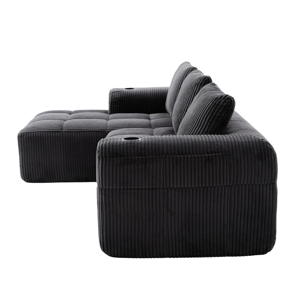 Divano modulare in velluto a coste scuro 253x158x61 cm; con tasche laterali e portabicchieri