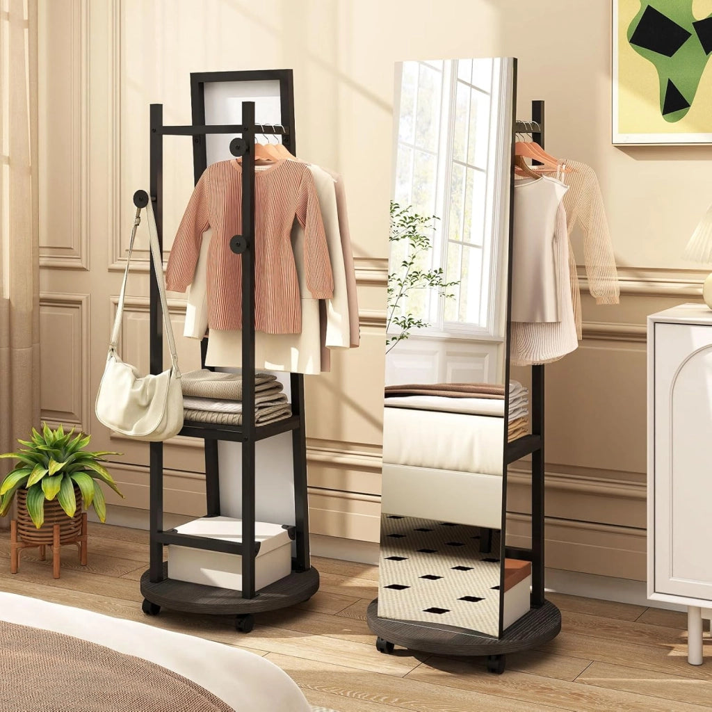 Specchio a figura intera, specchio da terra con appendiabiti, 45 x 135 cm, grande specchio con vetro infrangibile, ganci, ripiani, ruote, per ingresso, soggiorno, camera da letto (nero+noce)