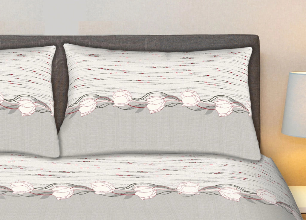 Completo Lenzuola Stiro Facile 100% Cotone Made Italy Effetto Seta Disegno Tulip - Matrimoniale - Grigio