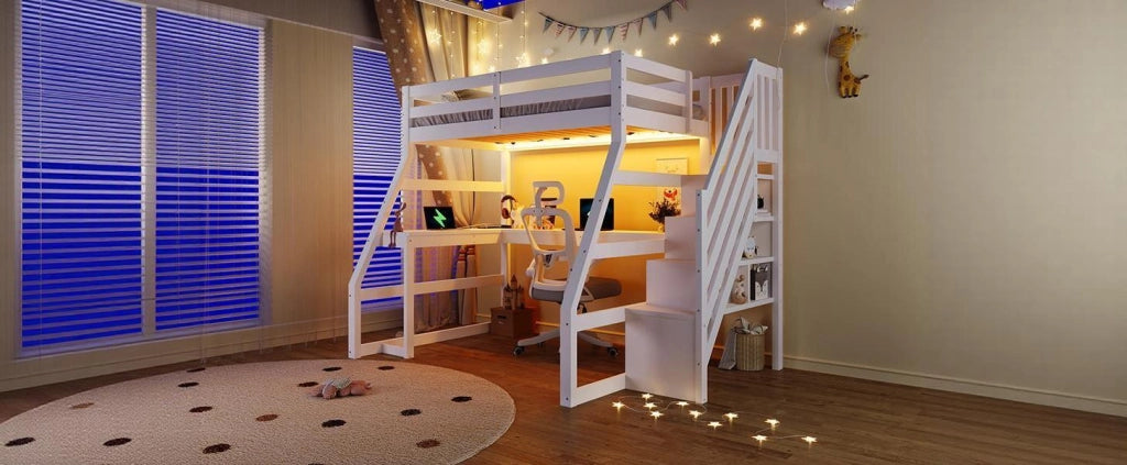 Letto a soppalco in legno 90 × 200 cm con scrivania, illuminazione LED, scala con contenitore, USB, senza materasso, bianco
