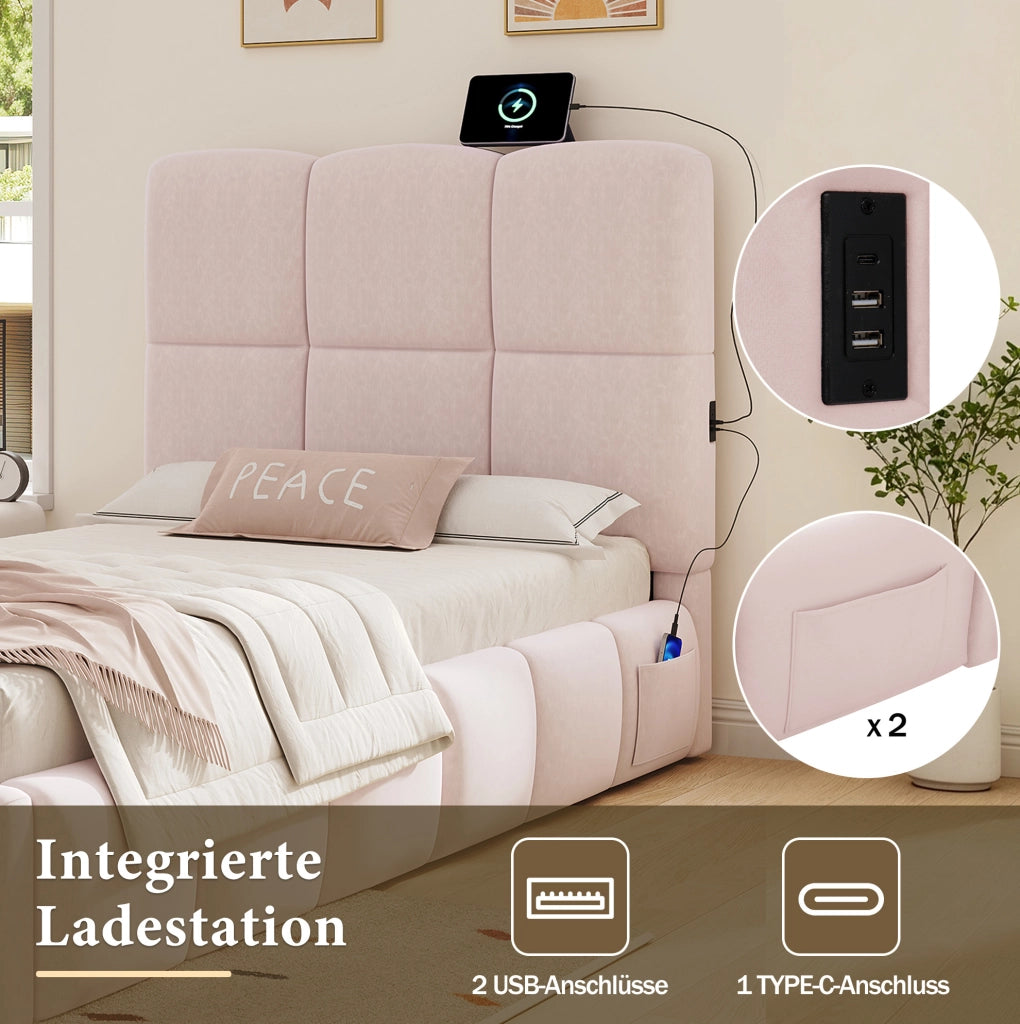 Letto singolo imbottito rosa 90 x 200 cm con vano e USB-C