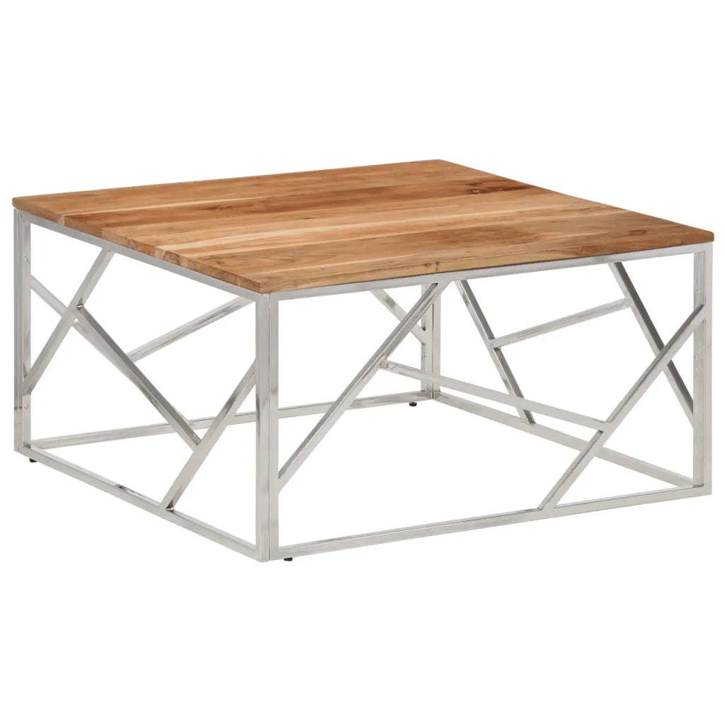 Tavolino Salotto Argento Acciaio Inox e Legno Massello Acacia 349951