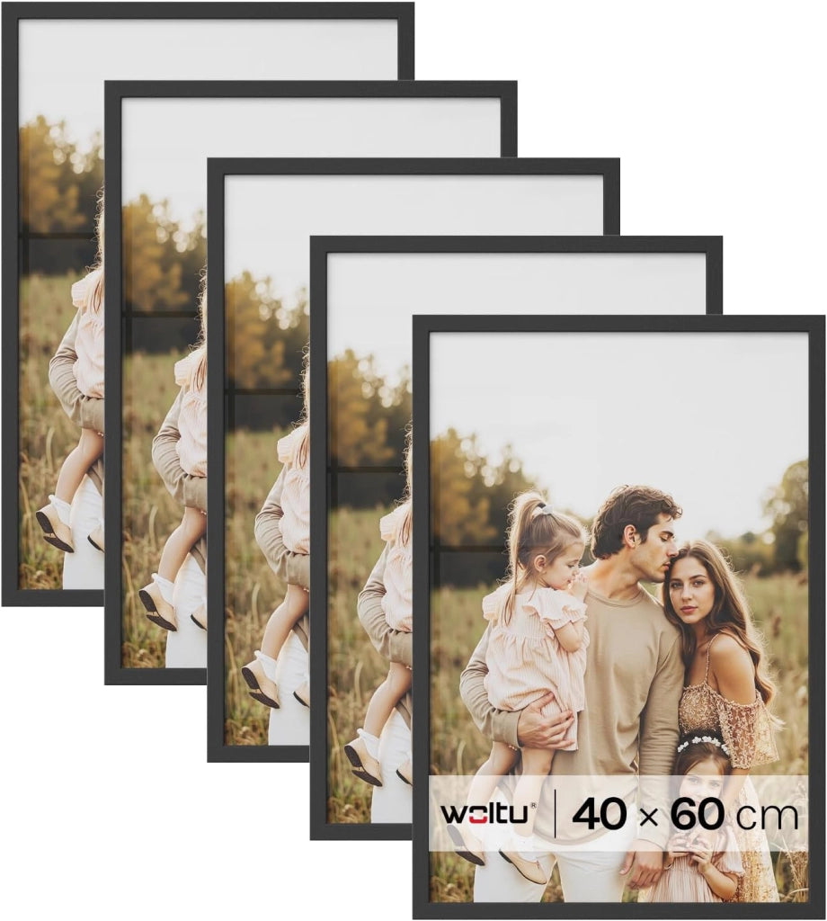 Set di 5 Cornici 40x60 cm con Passepartout, Portafoto in Orizzontale o Verticale, da Parete o Tavolo, in Legno MDF, Nero