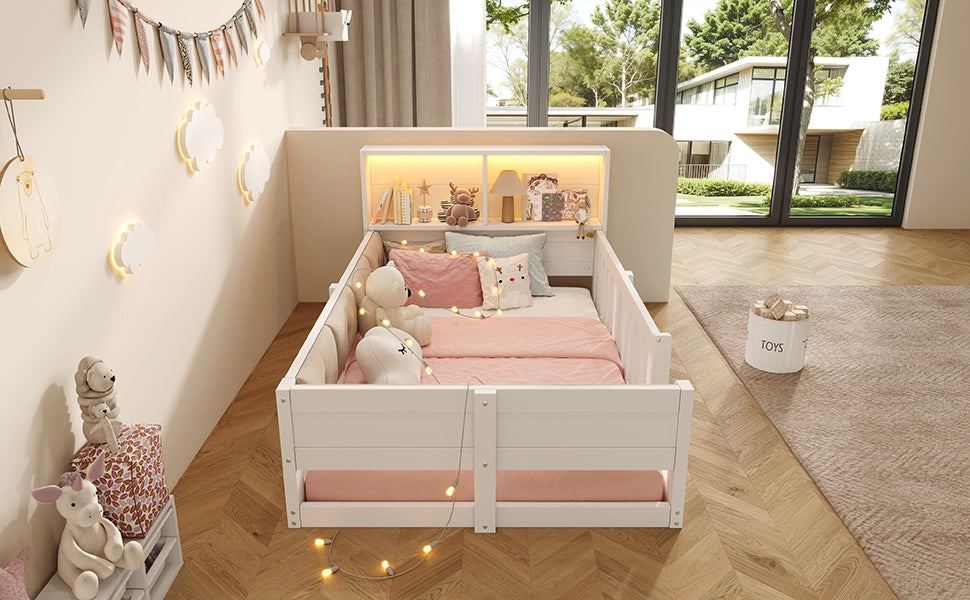 Letto per bambini 90 × 200 cm con testiera contenitore, luci LED, sponde di sicurezza, senza materasso, bianco