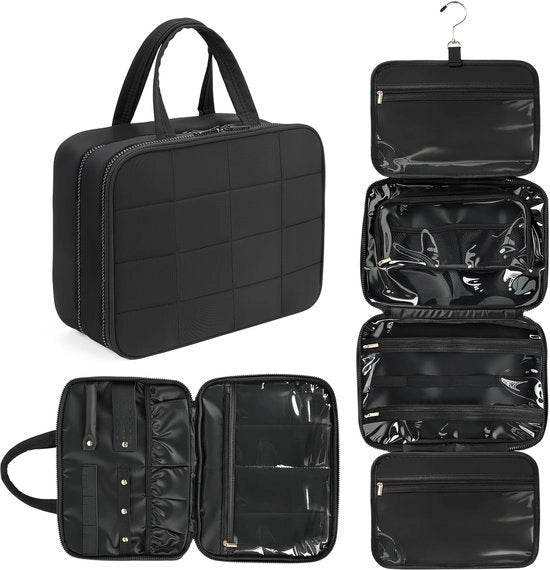 Tas doppia strato impermeabile per cosmetici con chiusura a gancio, borsa per accessori, sacchetto per toilette per donne - contenitore per shampoo, articoli da toeletta e gioielli, nero (grande)