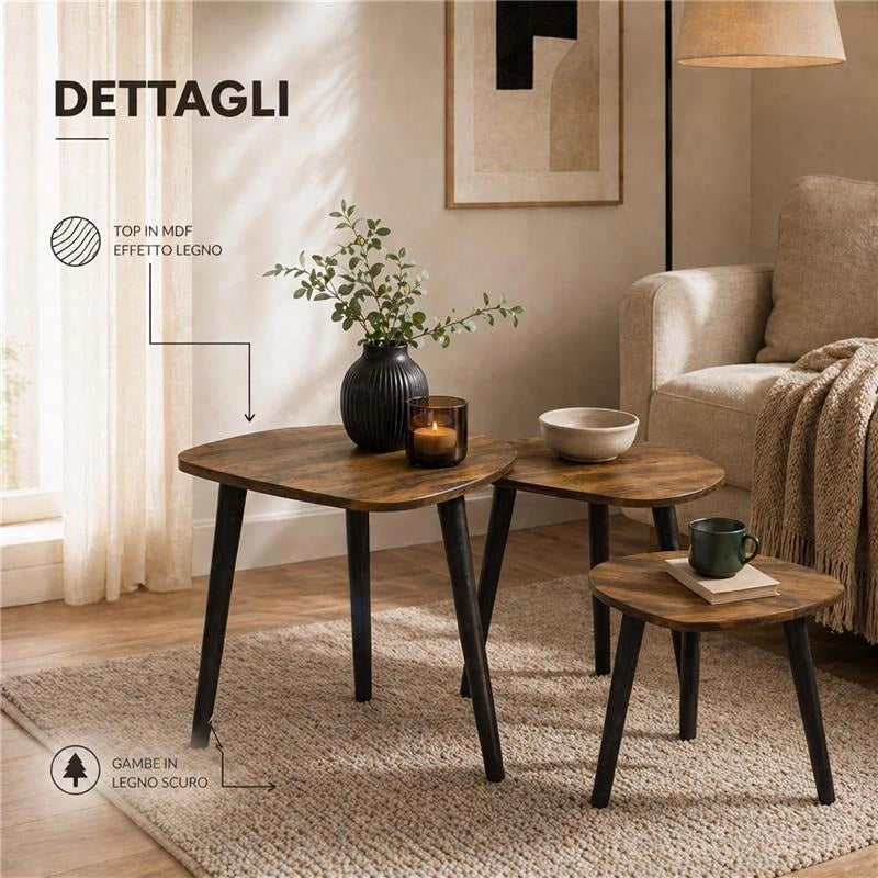 SET DI TRE TAVOLINI CON PIEDI IN LEGNO SCURO CON TOP IN MDF EFFETTO LEGNO SCUROMISURE: 39X32CM, 48X38CM, 59X49CM