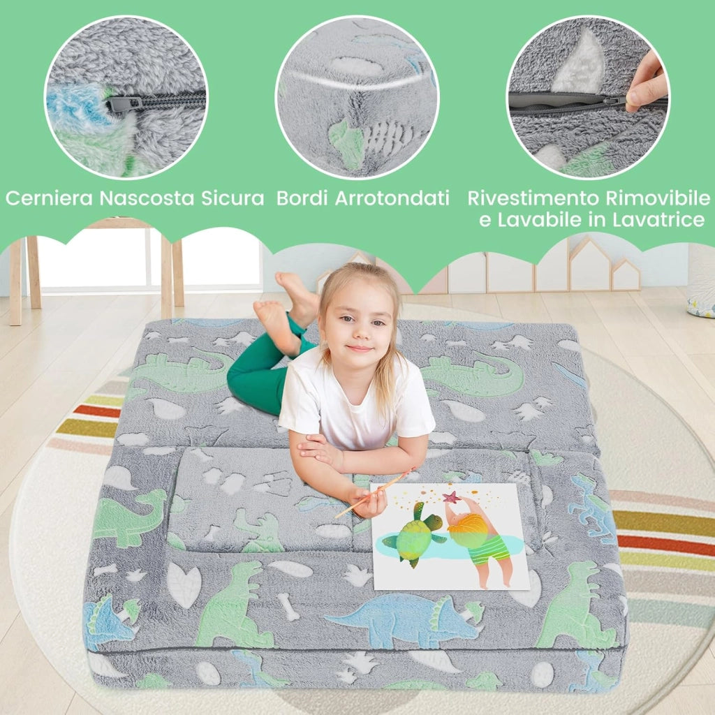 Divano Pieghevole 3 in 1 per Bambini Brilla al Buio, Poltrona Bambini con Rivestimento in Flanella Rimovibile e Lavabile, Pouf per Cameretta (Dinosauro Grigio)