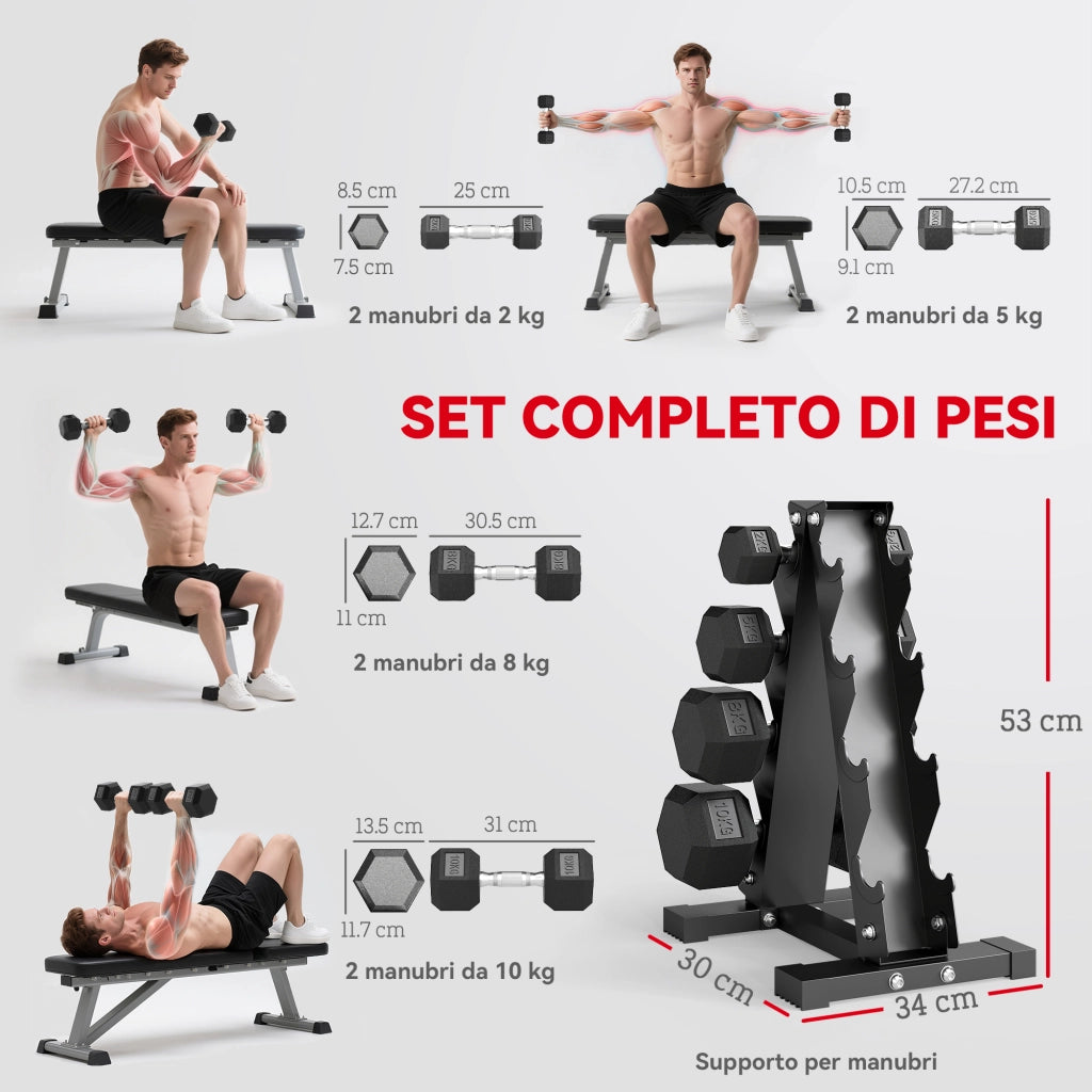 Set 8 Pesi Manubri con Supporto Coppie da 2-5-8-10 Kg in Ghisa Rivestita in Gomma Nero