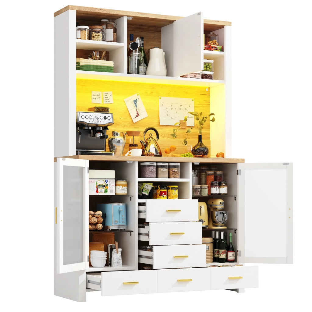 Credenza bianca con ante; cassetti e LED - per cucina - in MDF e vetro - 120×40×180 cm