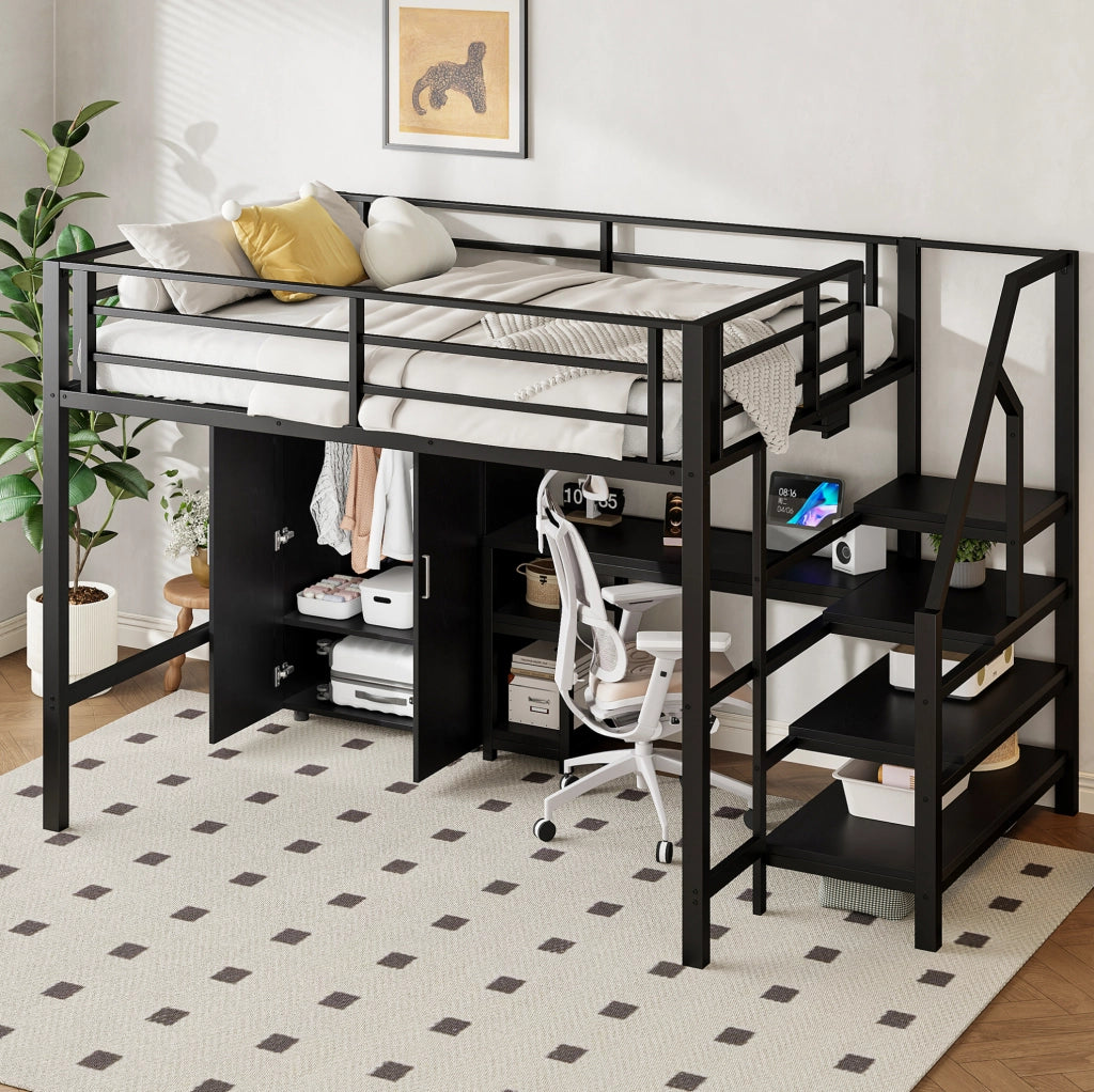 Letto a soppalco ULEVR 140x200 cm con armadio, scrivania, ripiani e scala con vani, nero