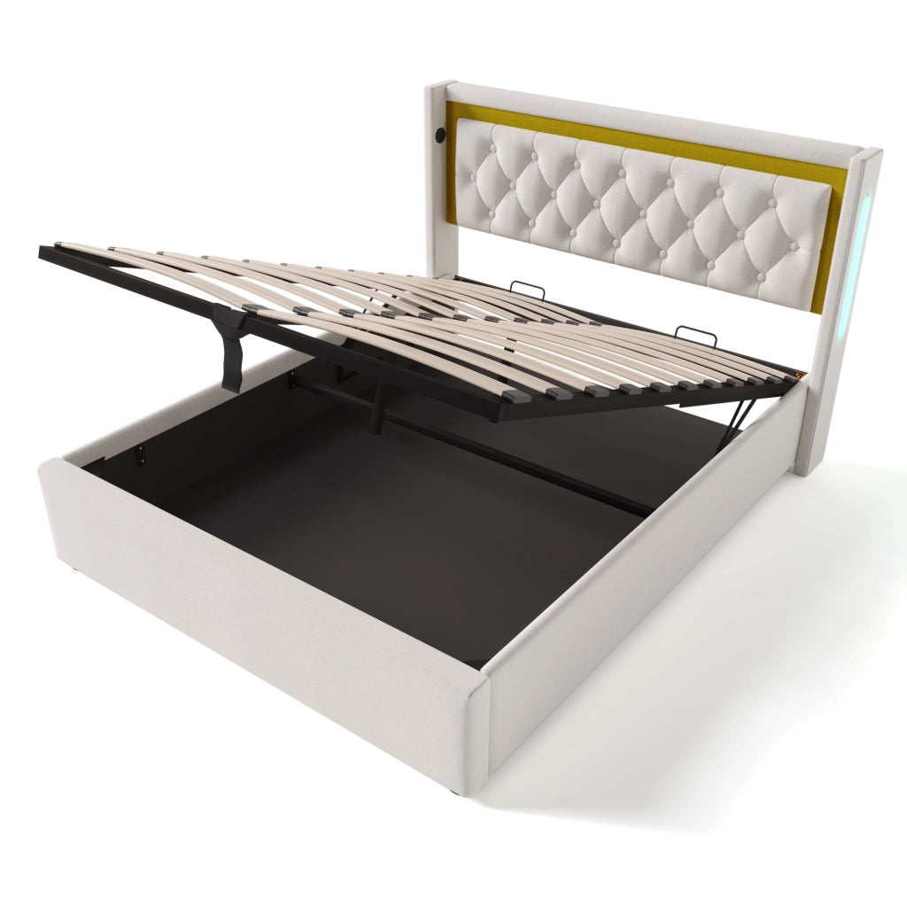 Letto Contenitore Letto Matrimoniale 140 x 200 cm con LED Regolabile; 2 USB; 2 Tipo C e Vano; senza Materasso