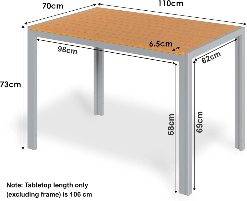 Tavolo da Giardino Moderno in WPC 110 x 70 cm, Tavolo da Pranzo per Esterno per 4-6 Persone, Tavolo da Balcone Salvaspazio in Alluminio, Design Effetto Legno,Marrone Teak + Grigio Chiaro