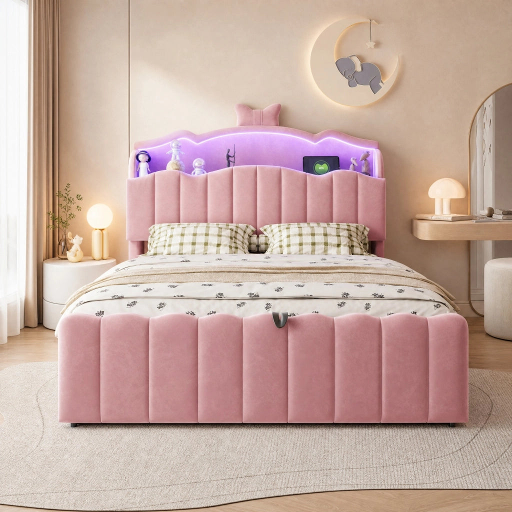 Letto per bambini imbottito 140x200 cm rosa con contenitore idraulico, testiera con LED RGB, USB e vani portaoggetti